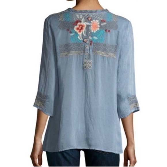 JOHNNY WAS Slate Blue FREYJA INTRICATELY EMBROIDERED FLORAL 3/4 SLEEVE BLOUSE - Picture 2 of 15